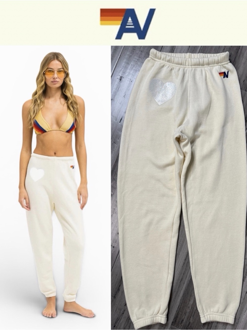 Aviator Nation Silver Heart Joggers in White | Size XS | New Without Tags